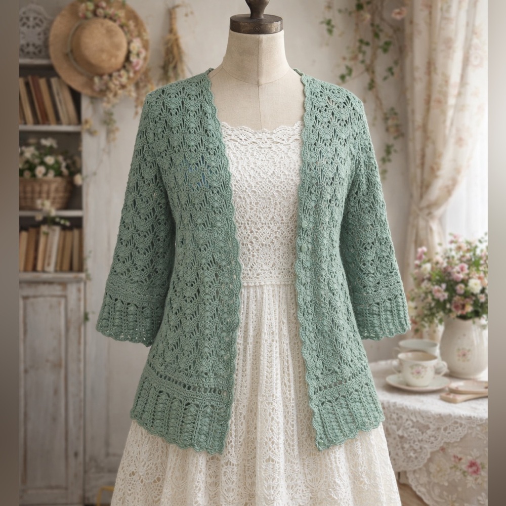 Vintage 1990s Northern Reflections Sage Green Knit Crochet Cardigan Sweater